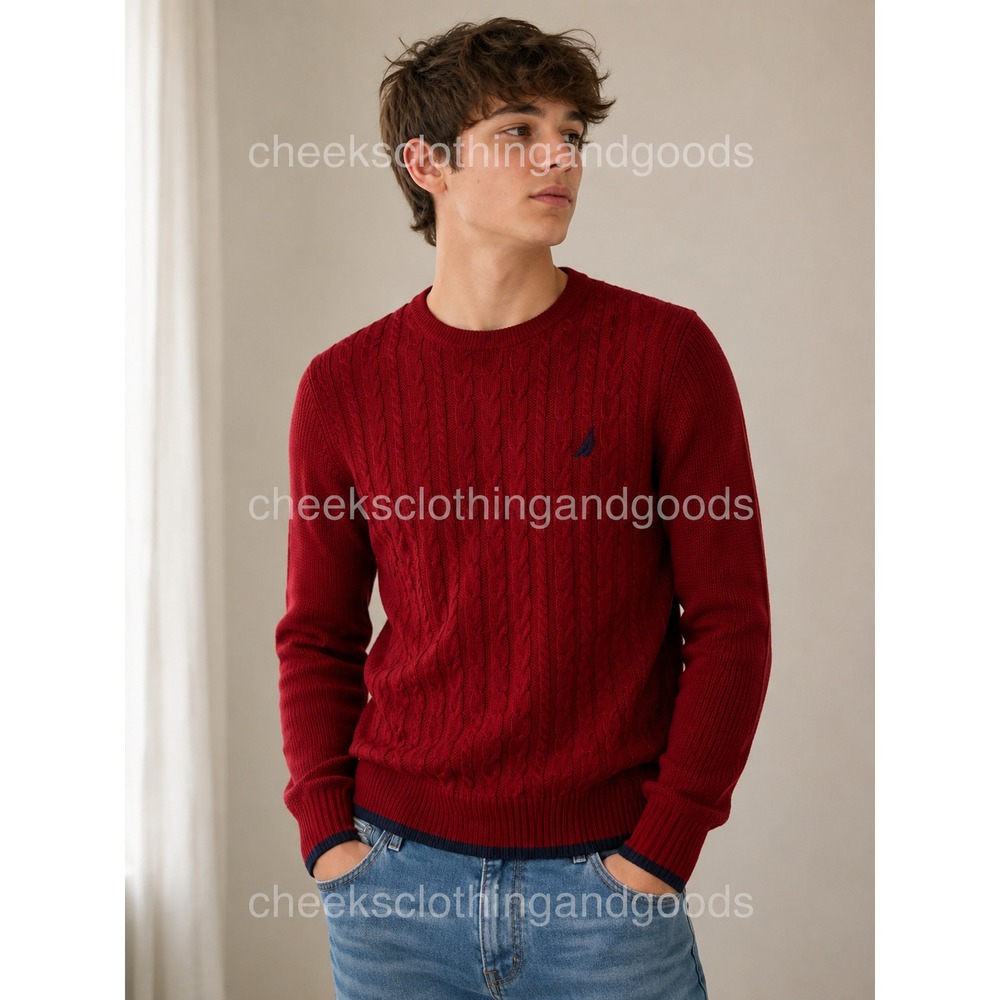 NWT Nautica Red Cable Knit Crew Neck‎ Contrast Trim Sweater Men's SMALL
